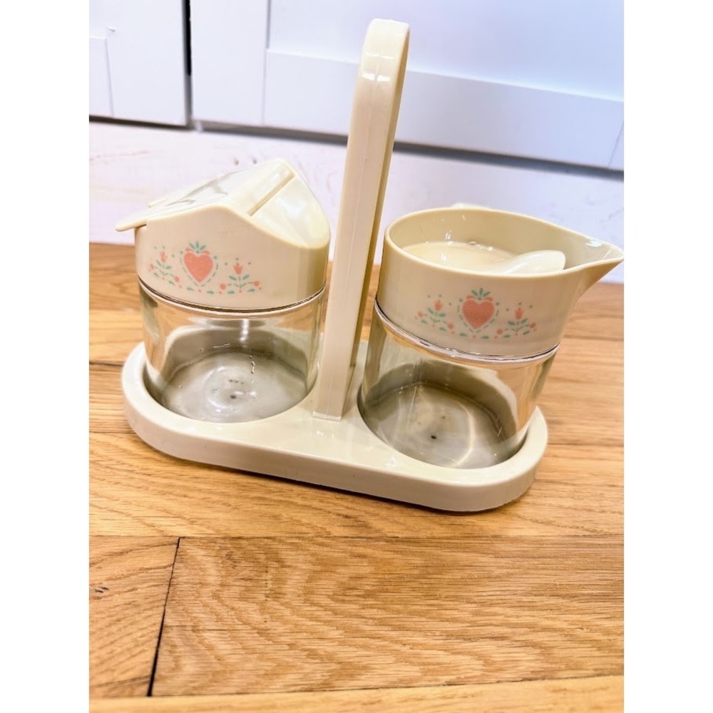 Vintage Corelle GEMCO Forever Yours Heart Condiment Jar Cream & Sugar Caddy